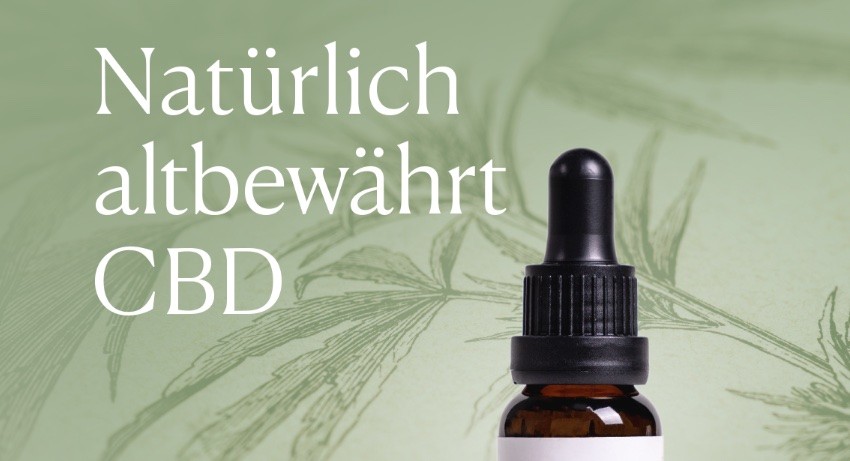 Braunes Fläschchen mit Pipette auf grünem Hintergrund neben der Aufschrift 